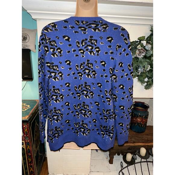 BOHO BLUE ANIMAL PRINT LEOPARD FRINGED CARDIGAN SWEATER S/M - Picture 4 of 10
